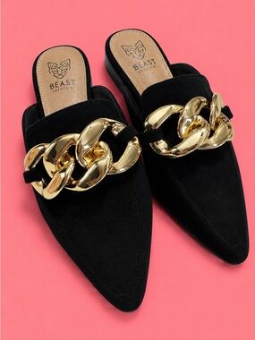 BEAST FASHION Black Suede Pointed Mules with Oversized Gold Chain